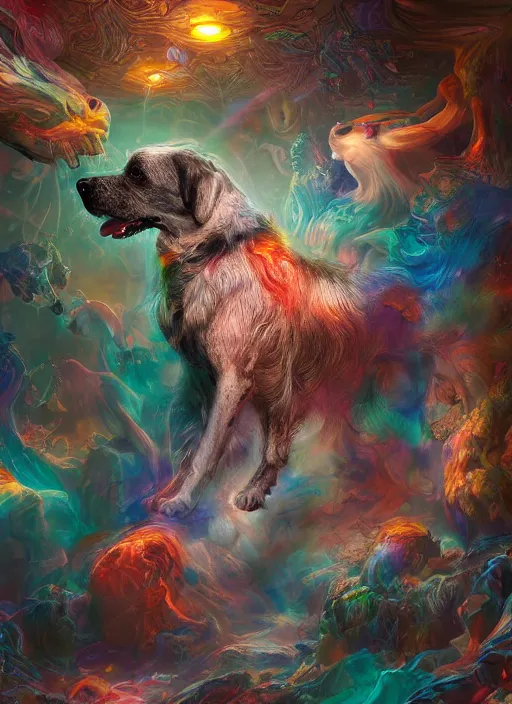 Prompt: dreamscape, dog, ross tran, vivid colors, anatomical, highly detailed sculpture, intricate detailed, ommatidia, 8 k, cinematic atmosphere, post - processing