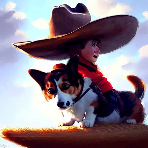 Image similar to tiny cat girl in cowboy hat riding on the back of a giant corgi by greg rutkowski