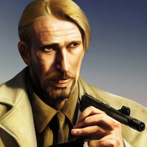 Prompt: blonde Viktor Reznov from Call of Duty: World at War with a beige coat, a blonde goatee, short hair, beige fedora, and sunglasses, holding a wooden AWP, photorealistic, dramatic lighting, establishing shot