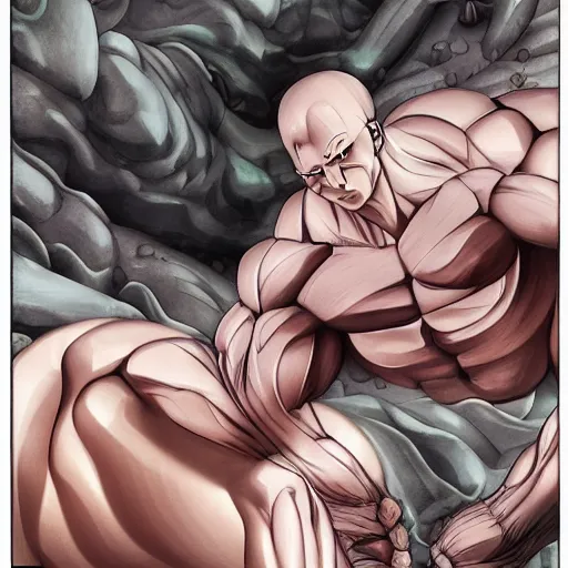 Image similar to a crawling mountain of muscles, highly detailed, anime, pale colors, award winning pictures, by studio mappa, by studio wit