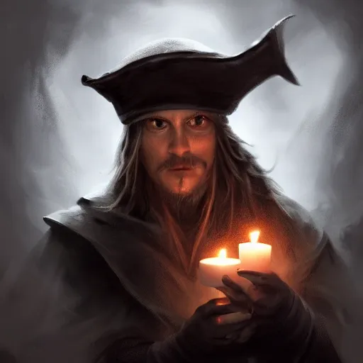 Image similar to a male pirate wearing a black sleeping cap with a puffball, holding a candle, wearing a flowing cape, portrait, d & d, science fiction, concept art, matte, sharp focus, illustration, concept art, jason chan, dan luvisi, karl thiart, uhd, 4 k, very detailed