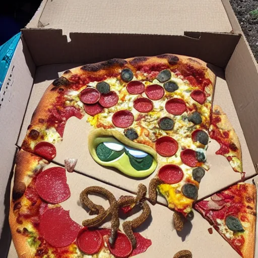 Prompt: beach sand monster eating pizza