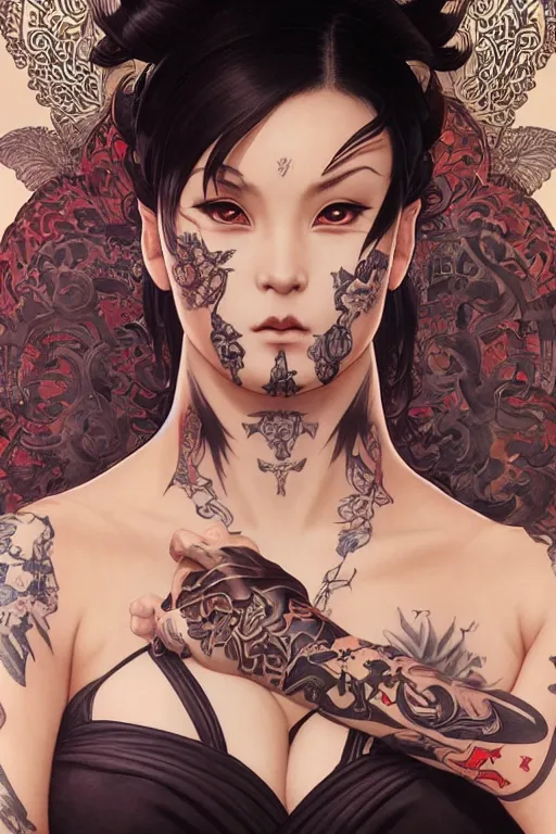 Image similar to portrait of goth Chun Li with yakuza tattoos, Street fighter, intricate, elegant, highly detailed, digital painting, artstation, concept art, smooth, sharp focus, illustration, art by artgerm and greg rutkowski and alphonse mucha and william-adolphe bouguereau