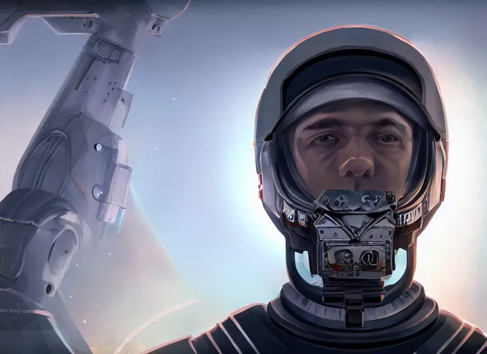 Image similar to symmetrical!!! portrait of christian!! mormon astronaut, grim lighting, dieselpunk, concept art, artstation, stephen bliss, unreal engine, game screenshot