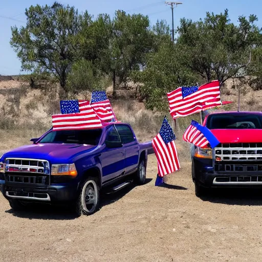 Image similar to photo of trumo pickup trucks with american flags battling biden pickup trucks with american flags. guns can be seen. there is a large battle.
