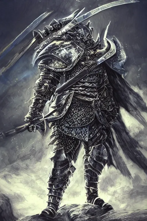 Image similar to a full body shot of an azure knight warrior by Kentaro Miura, Wolf themed armour, colored by Ronda Pattison, heavy armor, kingdom under fire in the background, dark colors, highly detailed, trending on artstation, CGsociety, exquisite detail, post-processing, masterpiece, volumetric lighting, cinematic, hypermaximalistic, high details, cinematic, 8k resolution, beautiful detailed, insanely intricate details