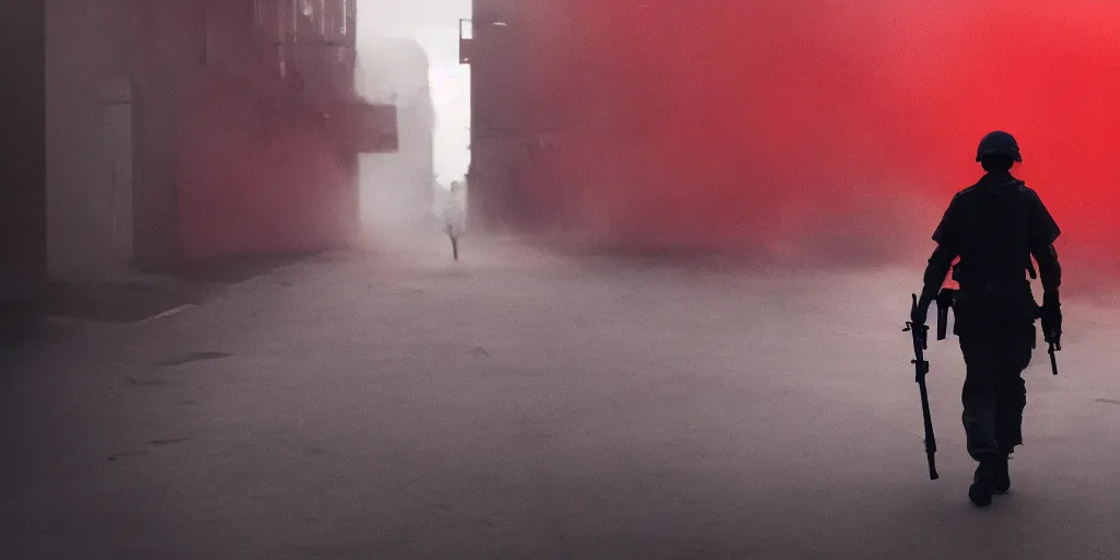 Image similar to a lone soldier walking from behind, cyan and red background, smoke