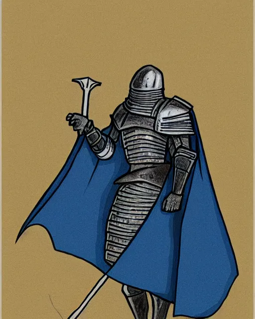 Image similar to a armored knight drawing his sword, depression atmosphere, clam face, in blue cape, daniel oxford