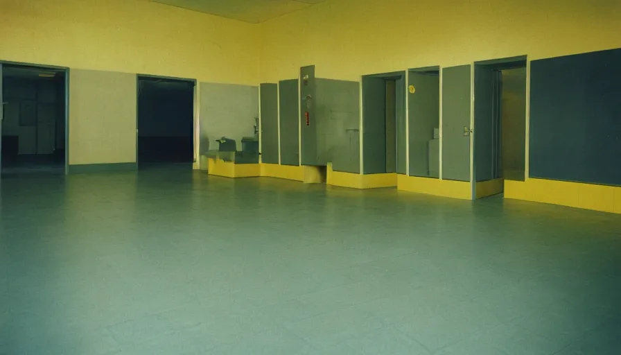 Image similar to 60s movie still of a sovietic stalinist style empty hall with yellow tiles and non-separate toilets, cinestill 800t 50mm eastmancolor, liminal Space style, heavy grain-s 150