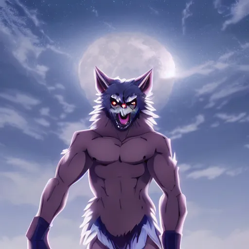 Prompt: anime! werewolf, full moon in the background, cgsociety, award - winning digital art