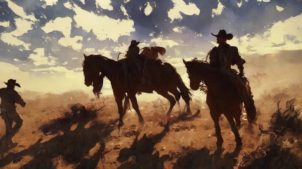 Image similar to oil painting of cowboy dream at saloon setting, art by anders zorn, wonderful masterpiece by greg rutkowski, beautiful cinematic light, american romanticism by greg manchess, reflections in copper, sunlight, dust and steam