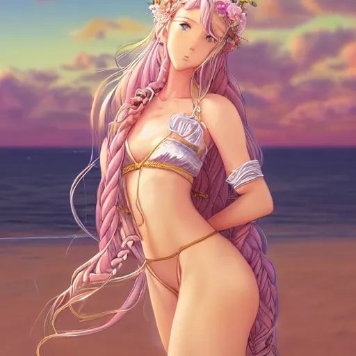 Prompt: a very beautiful anime princess, full body, long braided curly blonde hair, twisted braids, golden watery eyes, full round face, short smile, pale pink bikini, serene beach setting, cinematic lightning, medium shot, mid-shot, highly detailed, trending on artstation, Unreal Engine 4k, cinematic wallpaper by Stanley Artgerm Lau, WLOP, Rossdraws, James Jean, Andrei Riabovitchev, Marc Simonetti, and Sakimichan