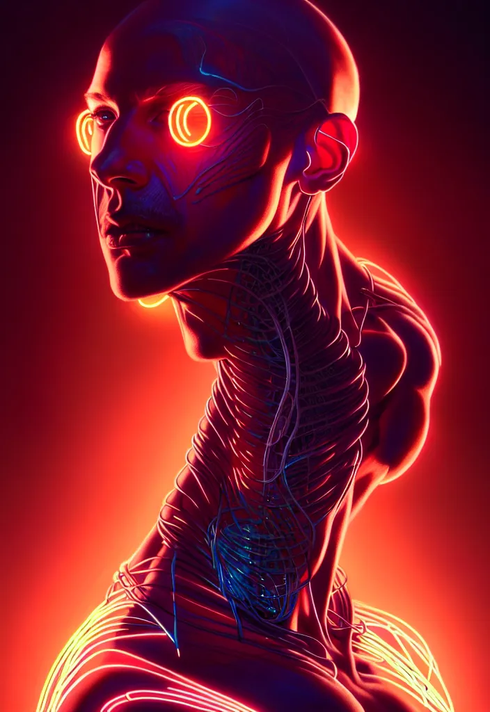 Image similar to portrait of male humanoid, intricate, perfect anatomy, neon lighting, highly detailed, digital photography, artstation, stylish pose, concept art, smooth, sharp focus, illustration, art by artgerm and greg rutkowski