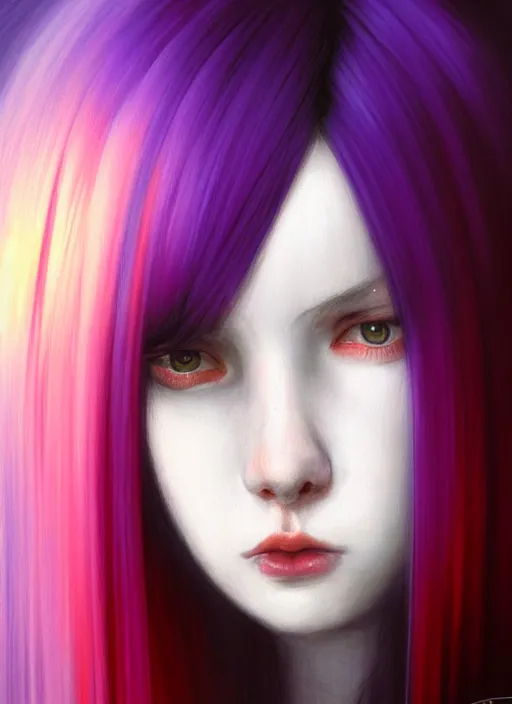 Image similar to hair whitebangs hair, black hair, whitebangs, portrait of teenage girl with white bangs, red irises, purple clothes, white bangs, bangs are different color from hair, intricate, elegant, glowing lights, highly detailed, digital painting, artstation, concept art, smooth, sharp focus, illustration, art by wlop, mars ravelo and greg rutkowski