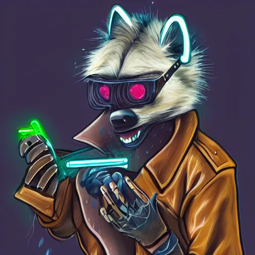 Image similar to digital painting of anthromorphic hyena female smoking cigarrete in cyberpunk style, fursona, furry fandom, neon rainy cyberpunk setting, anthro, wearing cyberpunk leather jacket, detailed face,