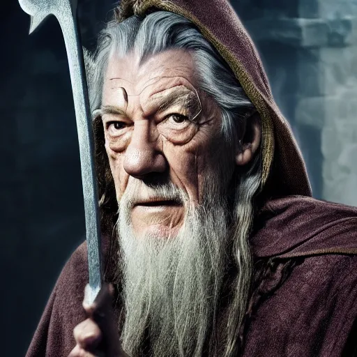 Image similar to the evil ian mckellen as gandalf in a dark viking hood playing odin all father from the thor movie crafting a neural network with synapses on an anvil, highly detailed, cinematic shot, cinematic lighting, 8 k, exquisit facial detail