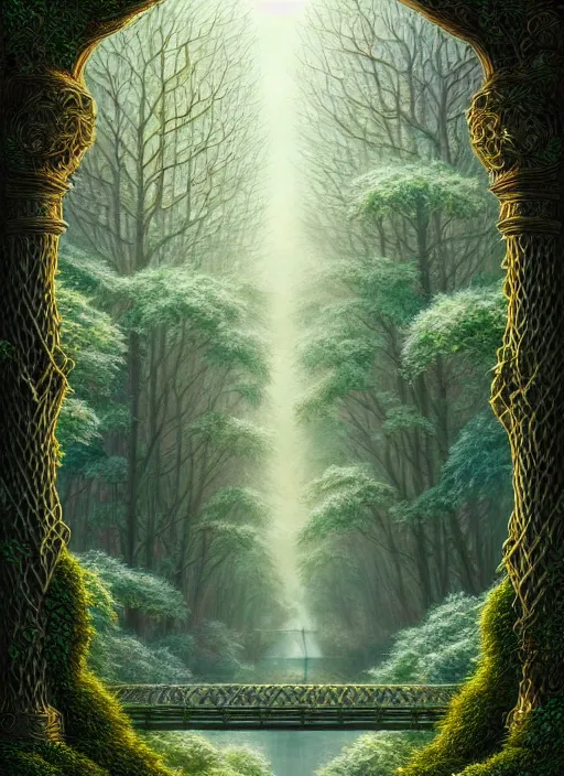 Image similar to book cover!!!!!!!!!!!!, old bridge, ivy vector elements at each border, fantasy forest landscape, fantasy magic, light night, intricate, elegant, sharp focus, illustration, highly detailed, digital painting, concept art, matte, art by wlop and artgerm and ivan shishkin and andrey shishkin, masterpiece