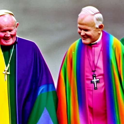 Prompt: John Paul II wearing an lgbt colored robe