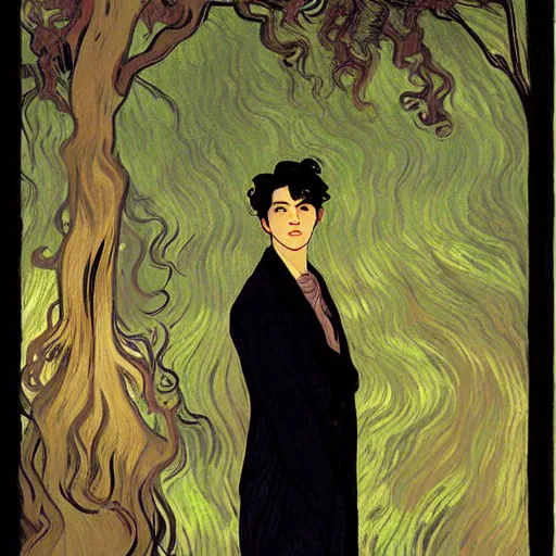 Image similar to painting of young cute handsome beautiful dark medium wavy hair man in his 2 0 s named shadow taehyung and cute handsome beautiful min - jun together at the graveyard party, ghostly, haunted gravestones, ghosts, autumn! colors, elegant, wearing suits!, clothes!, stylish, delicate facial features, art by alphonse mucha, vincent van gogh, egon schiele