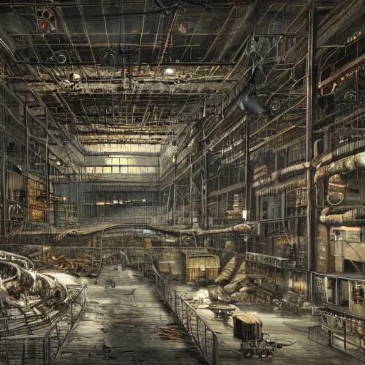 Prompt: immense industrial building interior filled with dark machines of skin bone and wires and arcane devices, hyperdetailed, matte painting