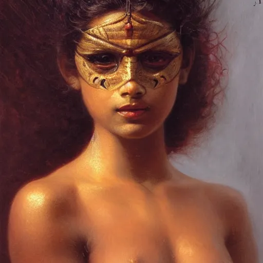 Image similar to detailed potrait 8 0 s srilankan girl bane's face armour, girl graceful,, painting by gaston bussiere, craig mullins, j. c. leyendecker, lights, art by ernst haeckel, john william godward, hammershøi,,