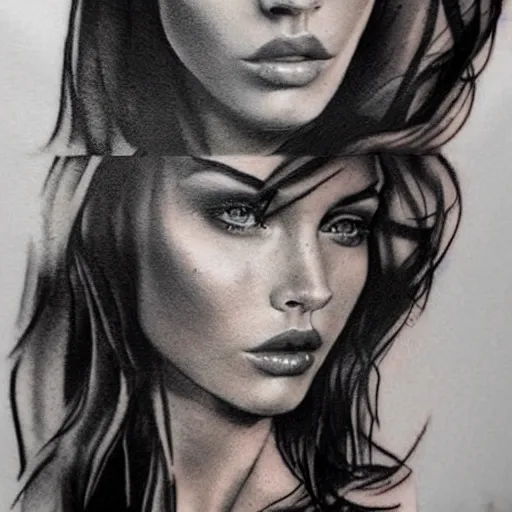 Prompt: realism tattoo sketch of double exposure megan fox, on beautiful mountain scenery, in the style of andrey lukovnikov