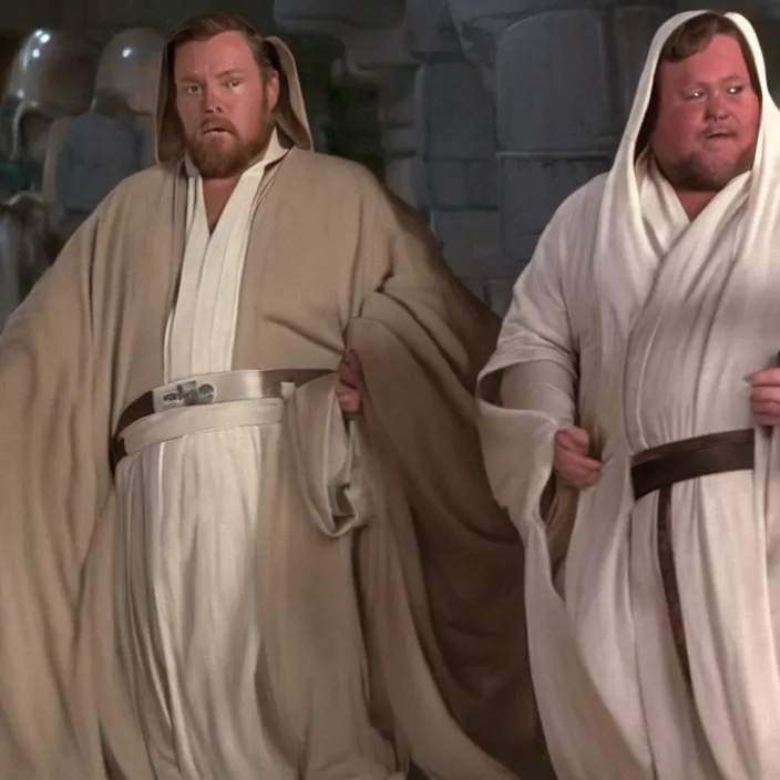 Image similar to obi wan kenobi but obese!! and overweight dressed as as princess leia, photoralistic rendering, movie still, screenshot, hyperdetailed