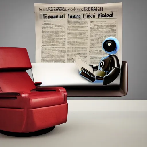 Image similar to futuristic lonely matte brown and red full-body humanoid robot with two huge round expressive sad purple glowing LED eyes and open rectangular mouth sitting on a large comfortable cushioned 1950s vintage recliner reading a newspaper. open newspaper. Cinematic Movie Photograph, Arri Alexa, Extremely Detailed, smooth, very very clean, 8K, octane render, maya render, unreal engine, trending on artstation, DSLR, excellent composition, center frame