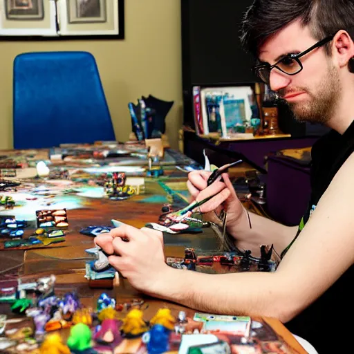 Image similar to violet - haired slim shaved emo male game designer who plays blood bowl and paints miniatures, sitting at his untidy working table
