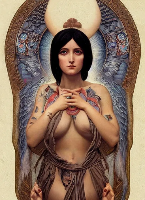 Image similar to single beautiful enlightened cult magic psychic woman with tattoos, tattooed skin, oil painting, robe, symmetrical face, greek dark ritual myth, realism by john william godward and anna dittman, masterpiece