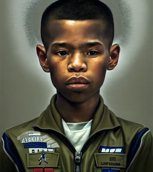 Image similar to portrait of a boy at a basketball court playing basketball wearing a military jacket in a basketball court standing near the basketball hoop, intense emotion, detailed facial expression, detailed surroundings, intricate, elegant, highly detailed, centered, digital painting, artstation, concept art, smooth, sharp focus, illustration, by (Peter Mohrbacher), WLOP