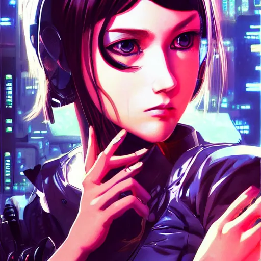 Image similar to A comic potrait of a cyberpunk cyborg girl with big and cute eyes, fine-face, realistic shaded perfect face, fine details. Night setting. Very anime style. Realistic shaded lighting poster by Ilya Kuvshinov katsuhiro, magali villeneuve, artgerm, Jeremy Lipkin and Michael Garmash, Rob Rey and Kentarõ Miura style, trending on art station