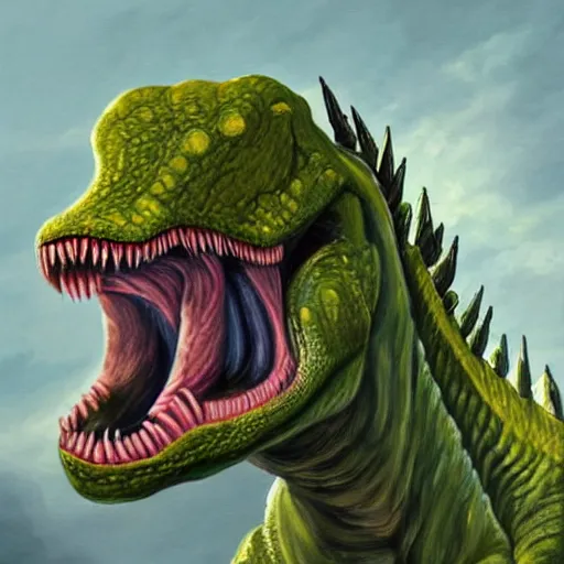 Prompt: a highly detailed painting of the fearsome human dinosaur hybrid the DonaldTrump-asaurus Rex