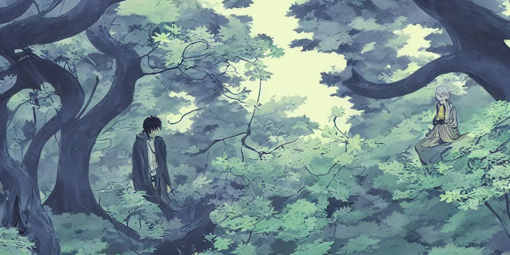 Prompt: ginko showing a new mushi, mushishi by studio ghibli wallpaper splash art promo art