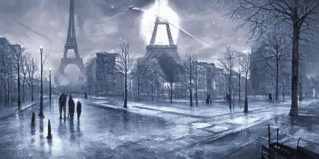 Image similar to nuclear winter, paris, near future, fantasy, sci - fi, hyper realistic, serene.