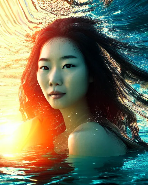 Prompt: portrait of asian woman underwater during sunrise, sunrays, aquaman aesthetic, caustics, rippling water, photoshoot, flowing hair, haunting, iconic, fine-art, masterpiece, cinematic, trending on artstation