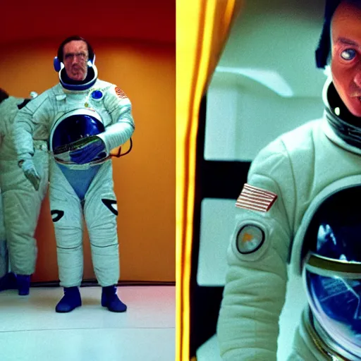 Image similar to Space odyssey astronaut wearing nasa chroma puffet jacket in the shining by stanley kubrick, shot by 35mm film color photography