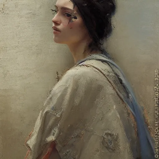 Prompt: Richard Schmid and Jeremy Lipking portrait painting of a young beautiful woman priestess in elaborate costume