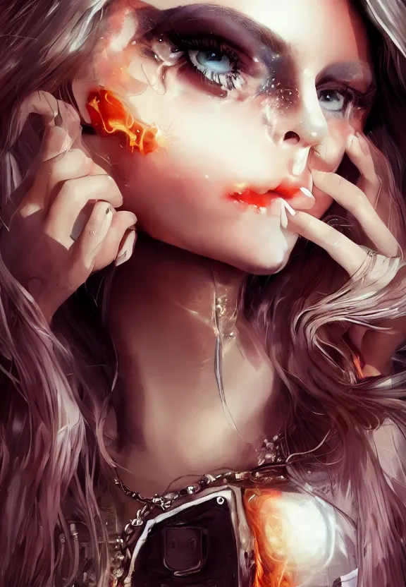 Prompt: full body illustrationf of girl with eyes that burn like cigarettes wearing a short skirt and a long jacket with fingernails that shine like justice, dramatic lighting, photorealistic, full body portrait, detailed anatomy, extreme detail, 4 k, colorful, artgerm and ben lo, octane render, detailed face, f / 2. 8