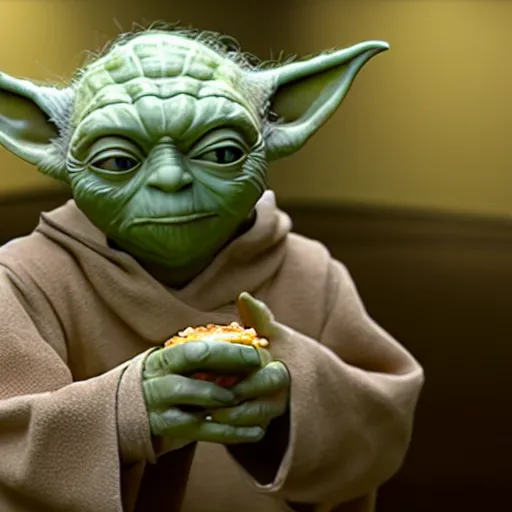 Image similar to A still of Yoda eating a Big Mac, 4k, photograph, ultra realistic, highly detailed, studio lighting