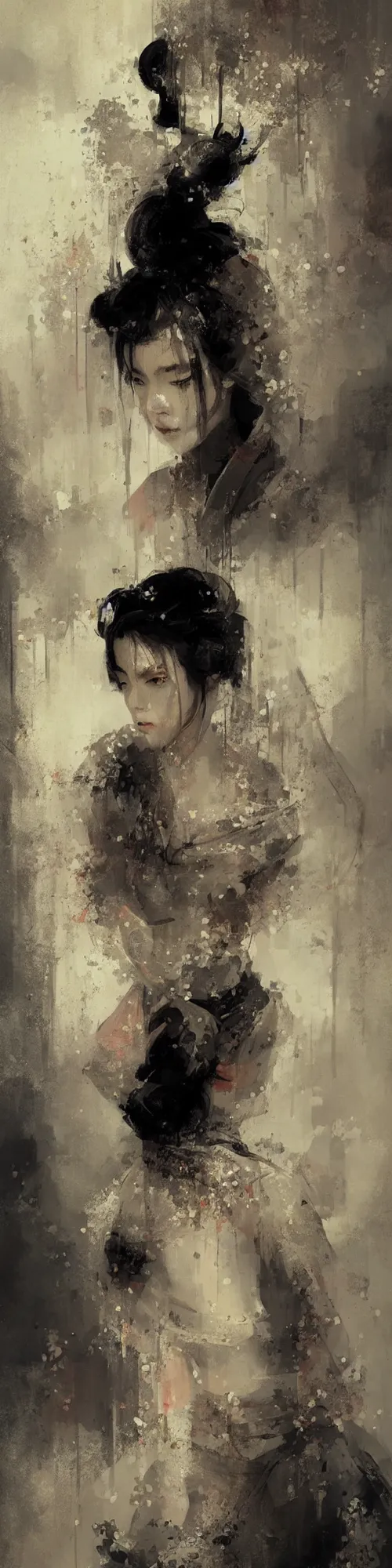 Image similar to female geisha girl, beautiful face, rule of thirds, intricate outfit, spotlight, by greg rutkowski, by jeremy mann