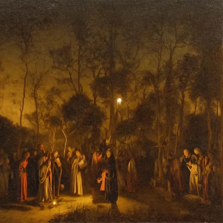 Image similar to A Holy Week procession of souls in a lush Spanish landscape at night. A figure at the front holds a cross. Petrus van Schendel.