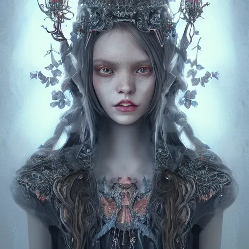 Image similar to symmetrical portrait of a beautiful dead princess female 4K symmetrical portrait, magical,fantasy , final fantasy, whole body, hyperrealism, cyberpunk, concept art, realistic, highly detailed, Featured on Artstation, cgsociety, Behance, Tom Bagshaw, Ross Tran, Japan Taiwan ,Soft lighting, attractive, highly detailed. intricate details. trending on artbreeder | zdzislaw beksinski. dariusz zawadzki. Michael Hutter. Peter Mohrbacher. Alfons Mucha. artstation