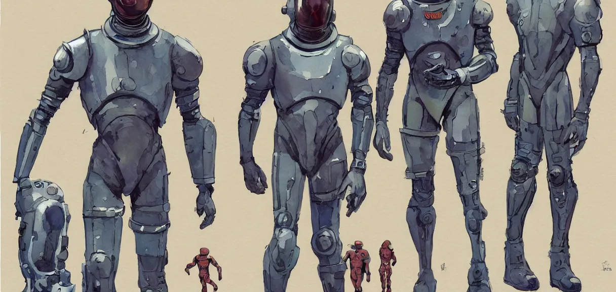 Image similar to male, full body!!!!!!, space suit with a modern helmet, large shoulders, short torso, long thin legs, tiny feet, character sheet, science fiction, very stylized character design, watercolor digital painting, by mike mignola, by alex maleev, jean giraud, painted by leyendecker