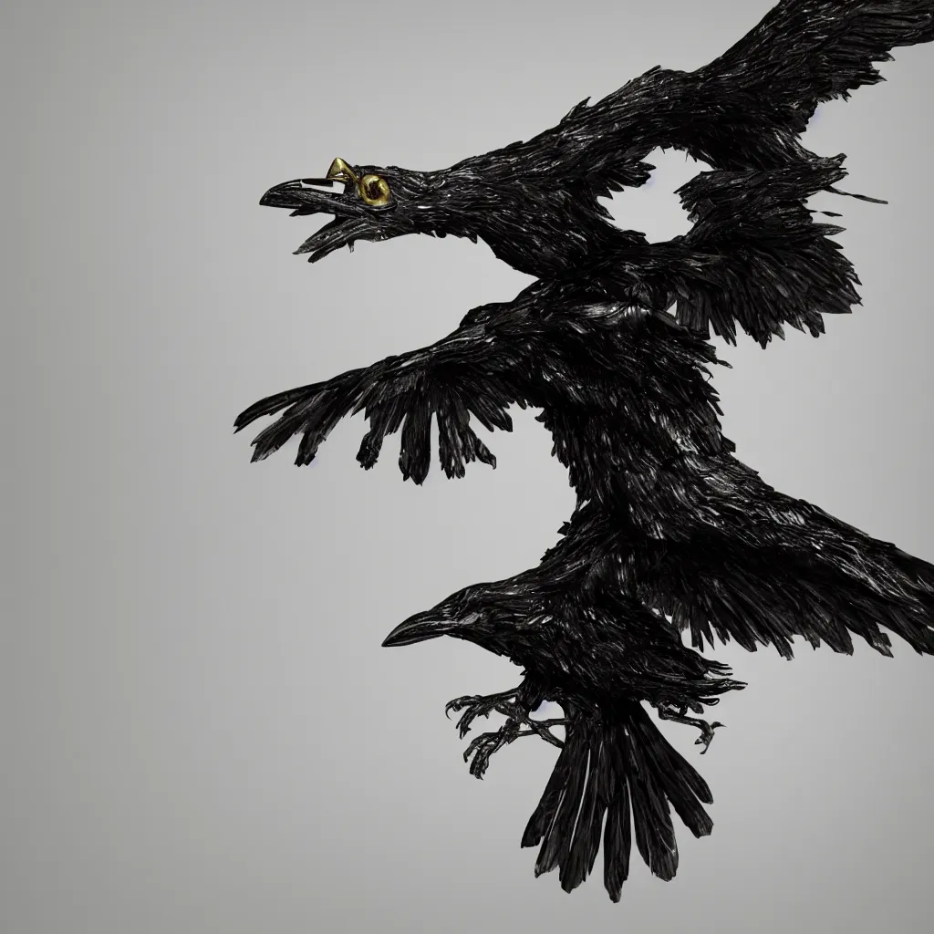 Prompt: Raven with wings made of gold and black eyes, white background, octane render, dramatic, depth of field