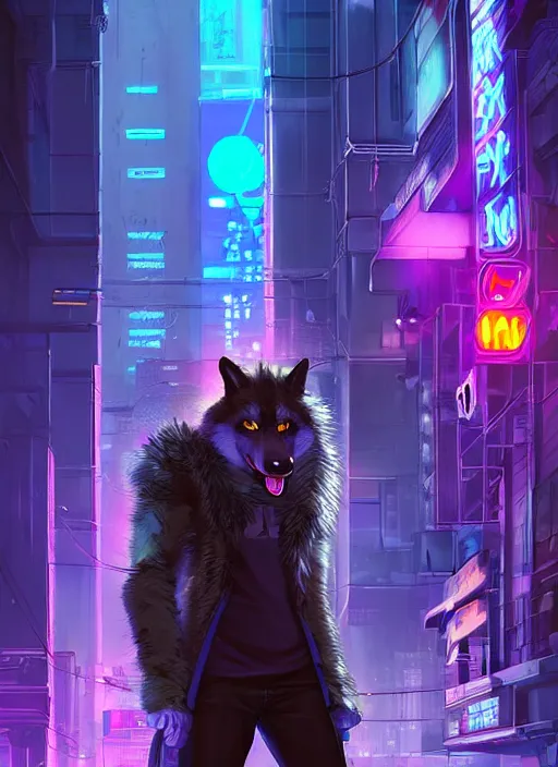 Image similar to beautiful portrait commission of a male furry anthro husky werewolf fox fursona wearing cyberpunk skater clothes. Cyberpunk city at night in the rain. Neon light. Atmospheric. Character design by charlie bowater, ross tran, artgerm, and makoto shinkai, detailed, inked, western comic book art