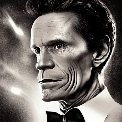 Image similar to portrait of william dafoe in the style of iron man, award winning portrait photography