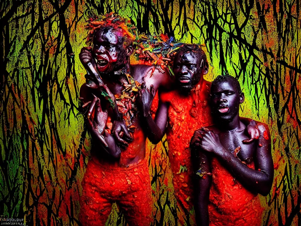 Image similar to a portrait of a beautiful colorful ( flesh - eating ) tsikalawa covered in raindow fur, eating the leg of a screaming man, ground covered in maggots, in a kaleidoscope forest with melting trees, schizophrenic hallucination, fear, morbid, nightmare, supernatural, 8 k, hd photography, highly detailed, chiaroscuro, terrifying