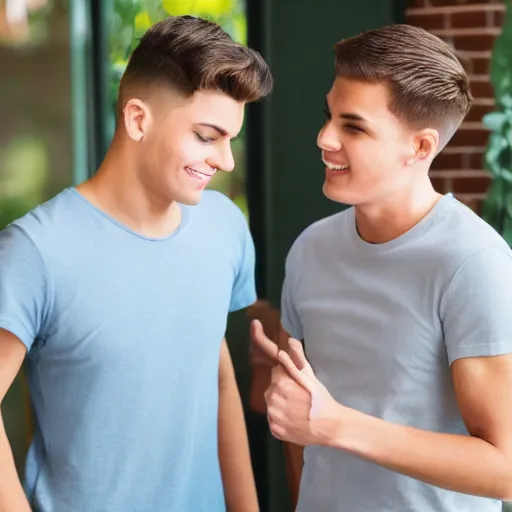 Prompt: a very handsome young man is flirting with another very handsome young man at a party. jeans and tshirt