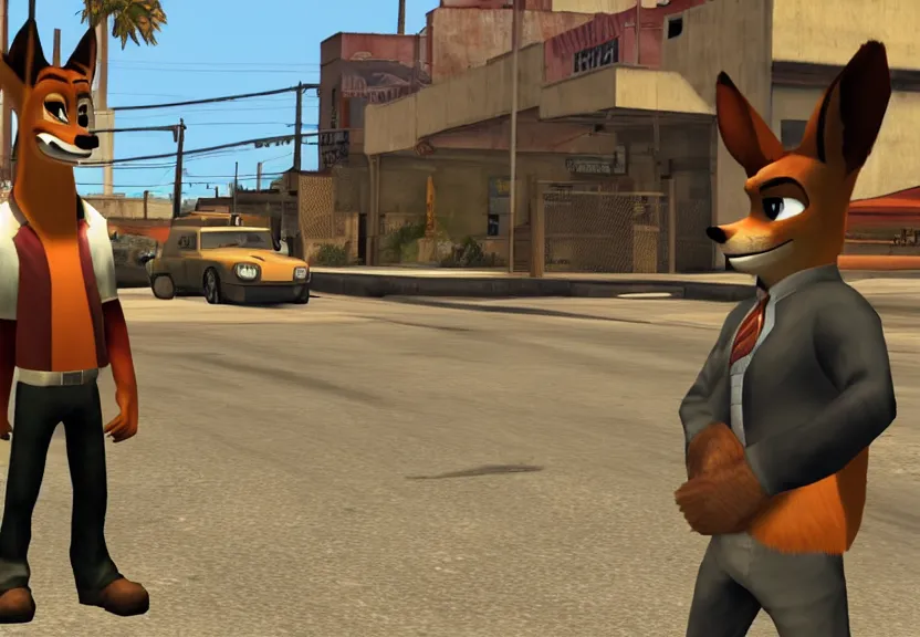 Prompt: A screenshot of Nick Wilde as Officer Tenpenny in GTA San Andreas.